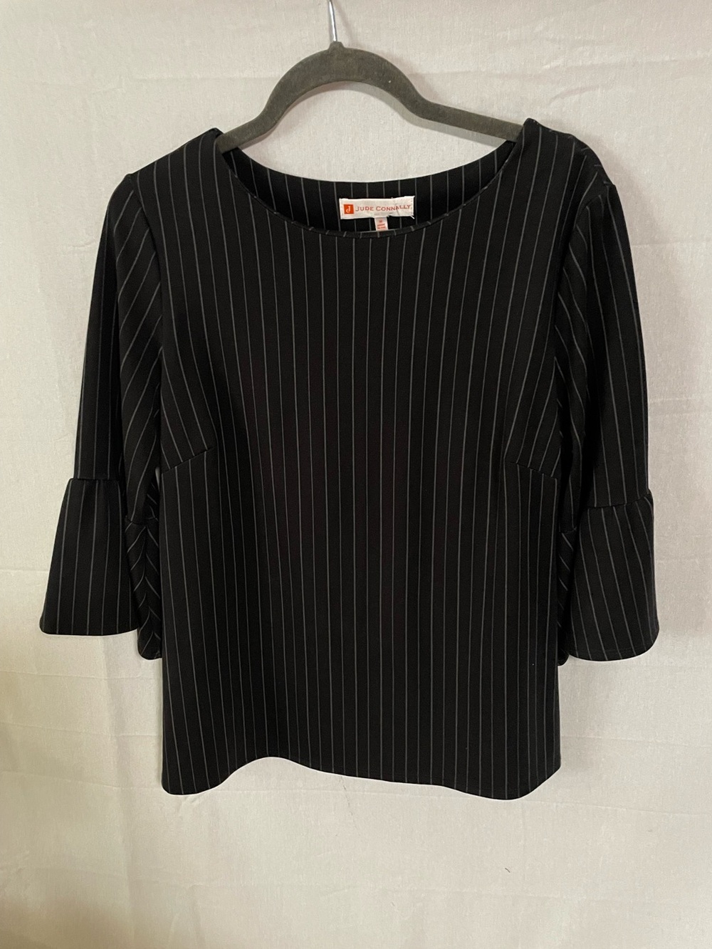 Jude Connally Black Pinstripe Ruffle Sleeve Blouse